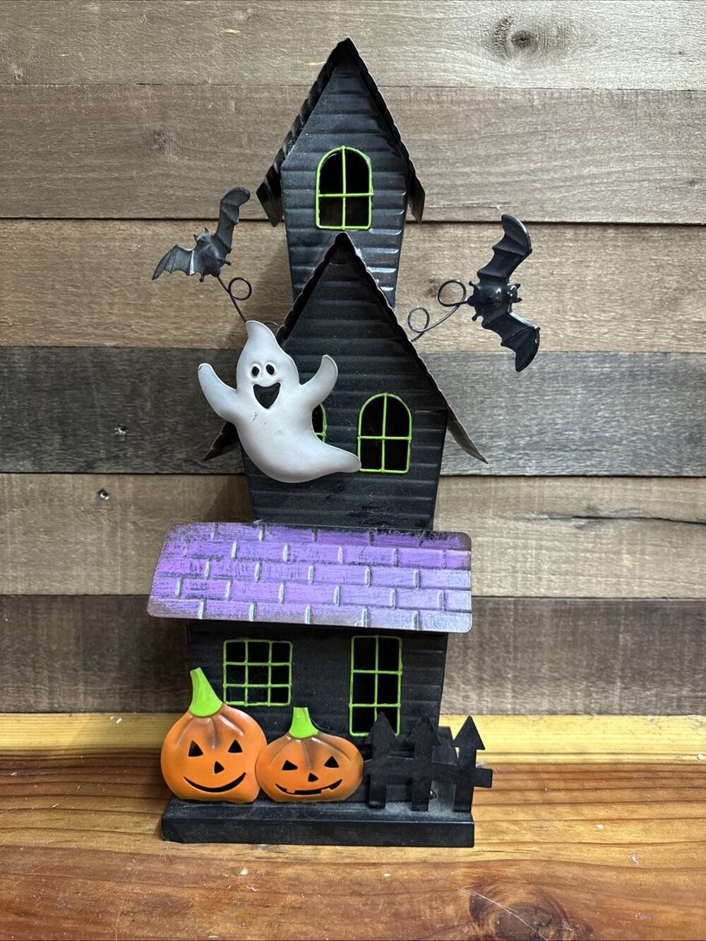 Tin Haunted House Halloween Decor Cute Spooky Ghosts Bats Pumpkins 19” Tall